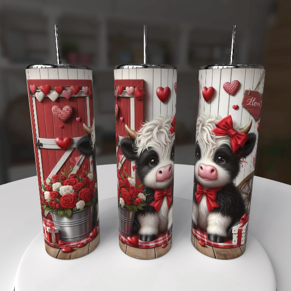 Valentine Cow Tumbler – 20 oz Tumbler with Hearts & Straw - maryscreationsboutique