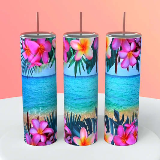 20oz Tropical Beach & Pink Plumeria Flower Tumbler