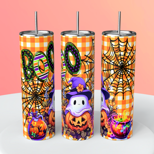 Halloween Ghost & Pumpkin Skinny Tumbler – Cute “Boo” Spooky Cup