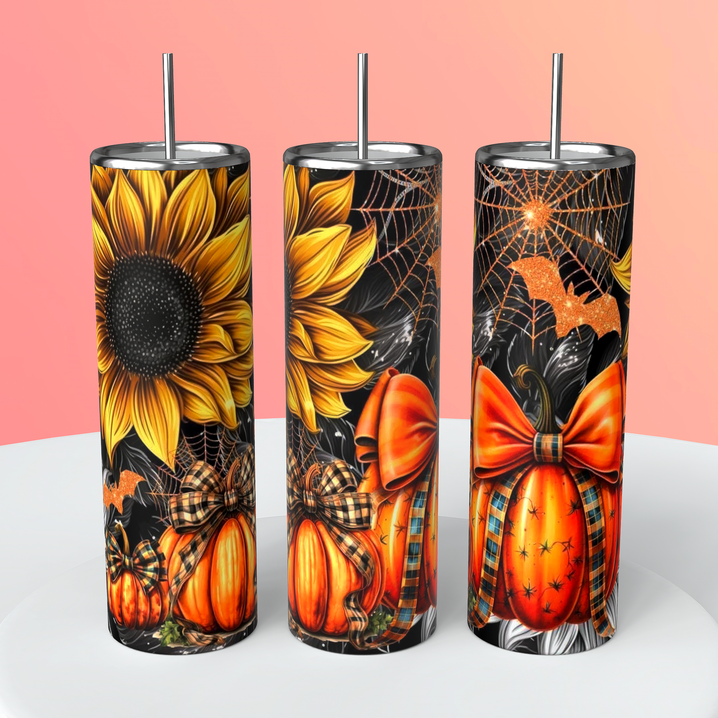 Sunflowers & Pumpkins Halloween Skinny Tumbler – 20oz Stainless Steel Cup with Straw