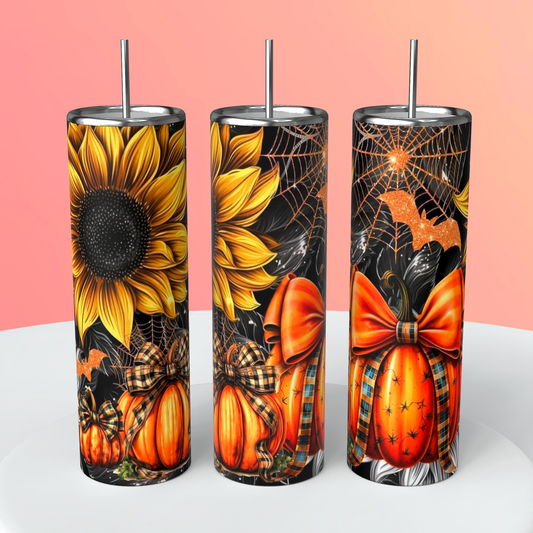 Sunflowers & Pumpkins Halloween Skinny Tumbler – 20oz Stainless Steel Cup with Straw