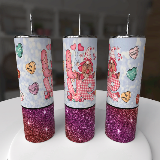 Valentine Gnome Love Tumbler | Cute 20oz Glitter Stainless Steel Cup | Valentine’s Day Gift for Her - maryscreationsboutique