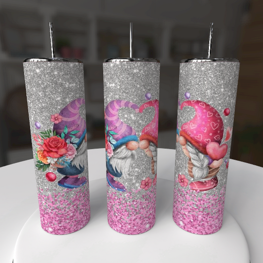 Valentine Gnome 20oz Skinny Tumbler – Pink & Silver Glitter Love Gnomes - maryscreationsboutique