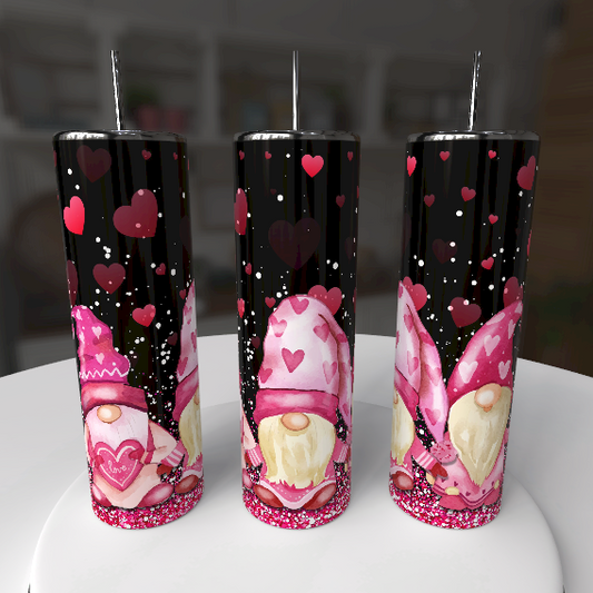 Valentine Gnome 20oz Skinny Tumbler – Black Background Pink Heart Gnomes - maryscreationsboutique