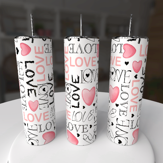 Love Hearts 20oz Skinny Tumbler with Straw – Valentine Word Art Cup - maryscreationsboutique