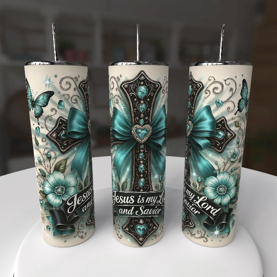 Teal Butterfly Cross Tumbler 20 oz "Jesus My Lord Savior" Faith Cup