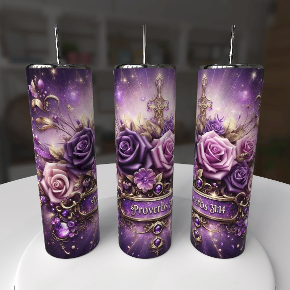 Proverbs 31:14 Tumbler 20oz Purple Roses Merchant Ships Christian Gift