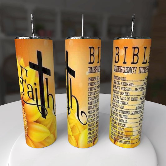 Bible Emergency Numbers Tumbler 20oz Faith Cross Sunflower Christian Gift