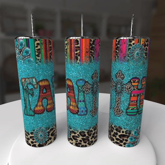 Turquoise Glitter Faith Cross Tumbler 20 oz Leopard Print Christian Gift