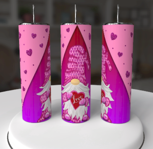 Pink Valentine Gnome Tumbler – 20 oz Skinny Glitter Stainless Steel Cup with Straw - maryscreationsboutique