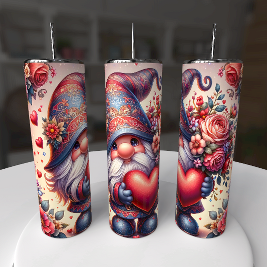 Valentine Gnome Tumbler – Floral Heart Gnome Skinny Stainless Steel Cup - maryscreationsboutique