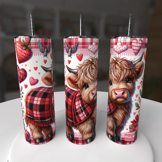 Highland Cow Valentine Tumbler – Cute Plaid Cow Skinny Stainless Steel Cup - maryscreationsboutique