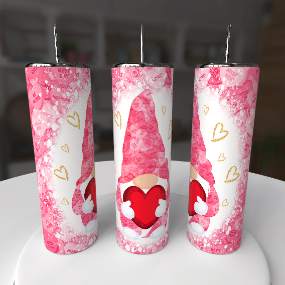 Valentine Gnome Tumbler – Pink Heart Gnome Stainless Steel Skinny Cup - maryscreationsboutique