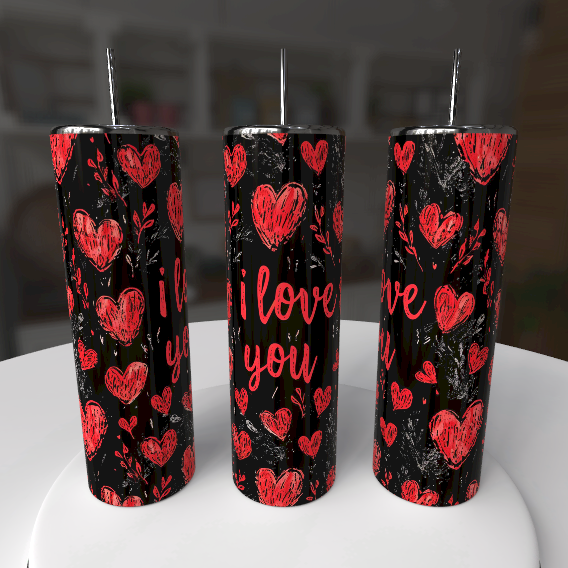 Valentine’s Day I Love You Tumbler – 20 oz Skinny Stainless Steel Heart Design - maryscreationsboutique